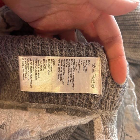 Anthro Pins & Needles Gray Long Sleeve Knit Sweater Dress White Lace Trim Large - Picture 10 of 12